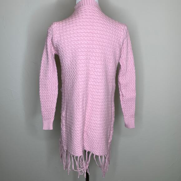 Pink Cable Knit Boho Long Cardigan Duster Sz ? Small Fringe - Picture 2 of 7